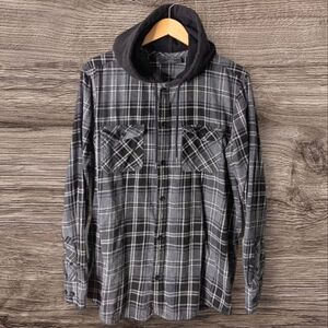 No Boundaries Hooded 100% Cotton Gray Black Plaid Long Sleeve Shacket 42-44 L